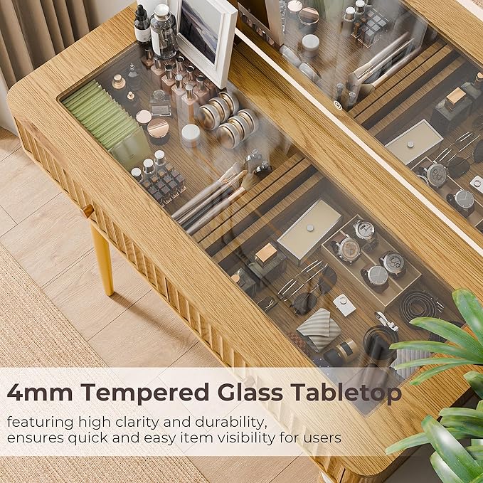 Fluted Vanity Desk with 36" Mirror and Lights, Makeup Vanity Desk with Glass Top, Dressing Table with 5 Drawers & Shelves, Wood Vanity Table for Bedroom(Natural Oak)