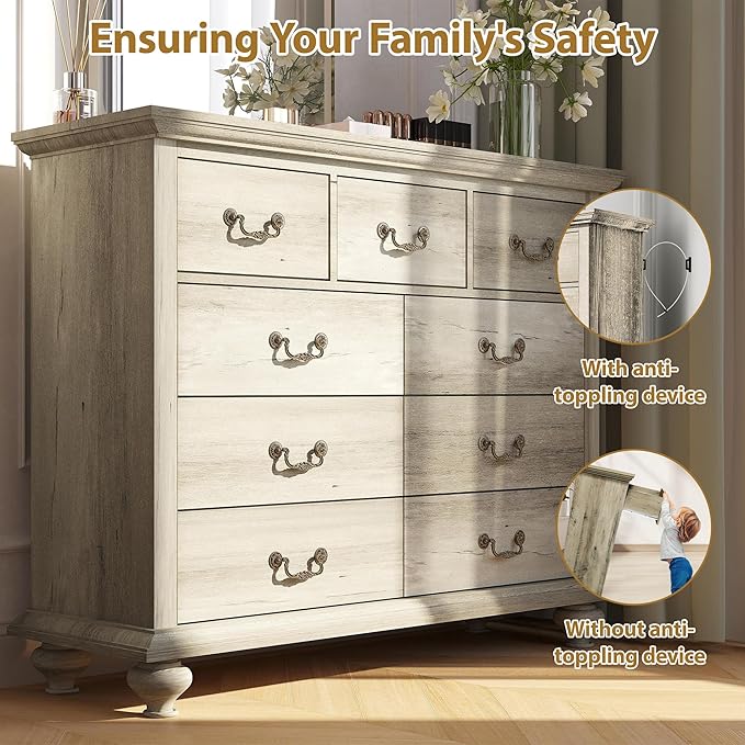 9 Drawers Dresser for Bedroom, Wooden Chest of Drawer with Large Drawers & Metal Handles for Bedroom, Living Room, Hallway, Grey