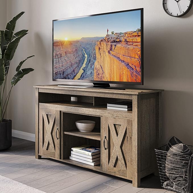 BELLEZE Modern 48 Inch Barn Door Wood TV Stand & Media Entertainment Center Console Table for TVs up to 50 Inches with Two Open Shelves and Cabinets - Corin (Classic Wood)