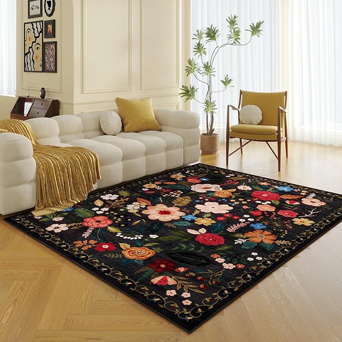 Living Room Rug 5x7 Rug Machine Washable Boho Area Rug Non Slip Floral Vintage Low Pile Large Rugs for Living Room, Bedroom, Farmhouse, Dining Room, Kids Playroom(Black)