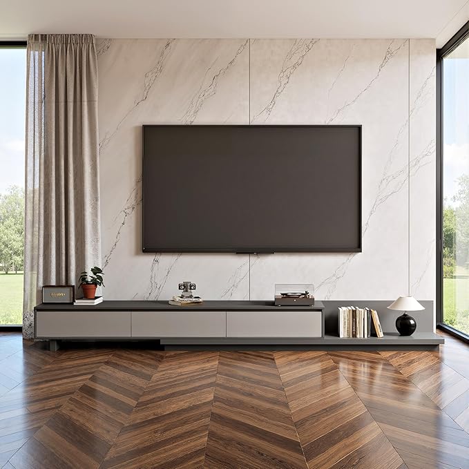 78.7–130" Extendable TV Stand with 3 Drawers - Mid-Century Modern Adjustable Entertainment Center, Perfect for Living Room, Dark Gray & Light Gray