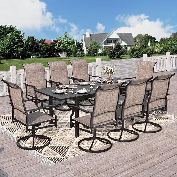 HERA'S HOUSE Outdoor Patio Dining Set of 9, 9 Piece Outdoor Table and Chairs Set of 1 Extendable Large Patio Table and 8 Quick Dry Textilene Swivel High Back Rocking Chairs for Lawn, Park, and Garden