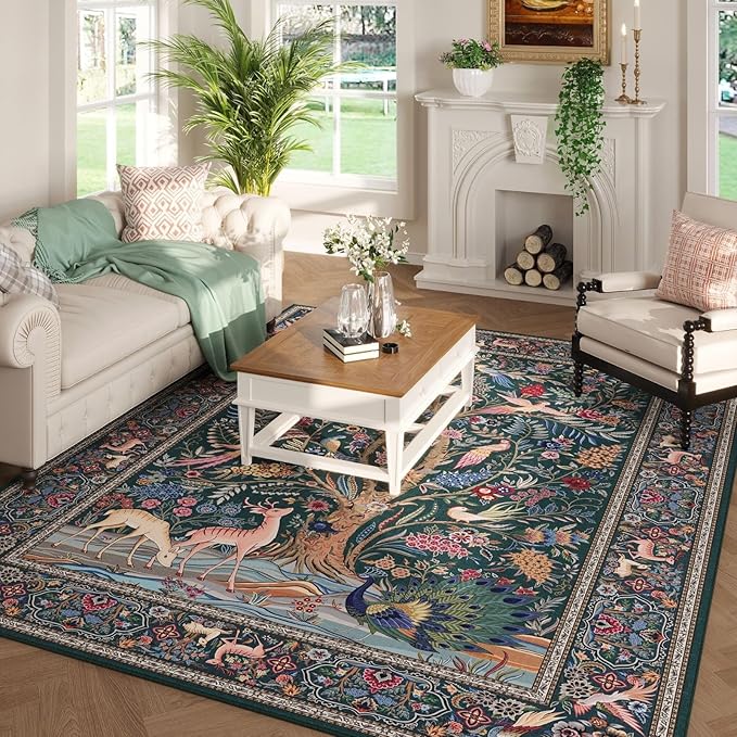 Area Rugs 5x7 Vibrant Tree of Life-Patterned Vintage Washable Area Rug Non Slip Low Pile Large Rugs for Living Room Bedroom Farmhouse Dining Room Kids Playroom, Green