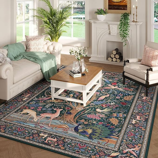 Area Rugs 5x7 Vibrant Tree of Life-Patterned Vintage Washable Area Rug Non Slip Low Pile Large Rugs for Living Room Bedroom Farmhouse Dining Room Kids Playroom, Green