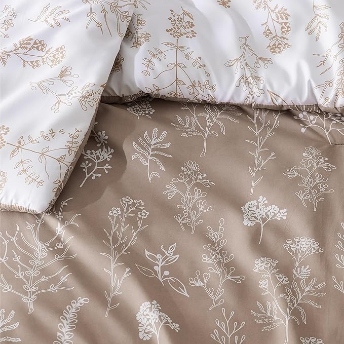 Bedsure Twin/Twin XL Comforter Set - Light Taupe Bed Set, 2 Pieces Cute Floral Bedding, 1 Soft Reversible Botanical Flowers Comforter and 1 Pillow Sham