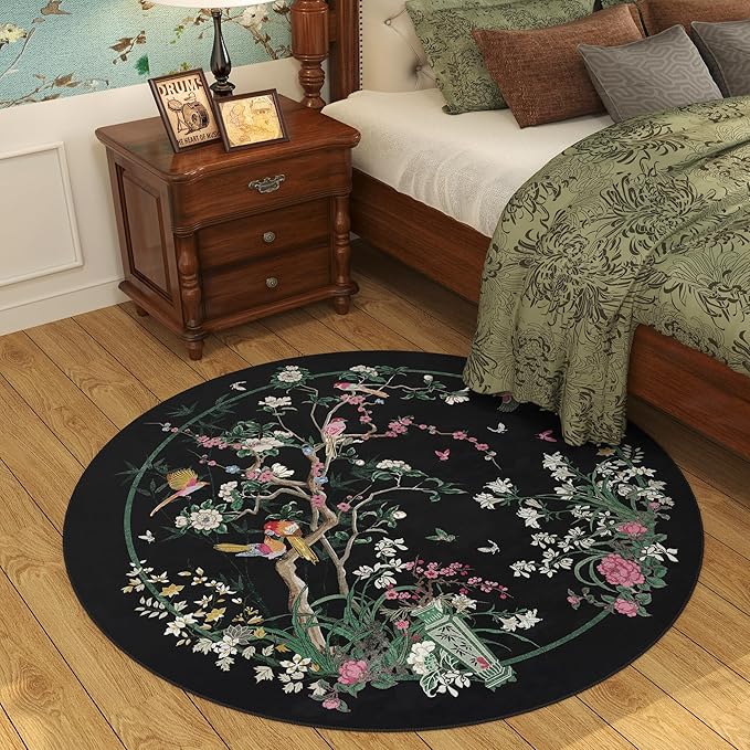 Circle Rug 4ft Chinoiserie-Style Floral Vintage Washable Round Rug Non Slip Low Pile Small Circular Rug for Bedroom, Bathroom, Entryway, Kids Room, Office, Black