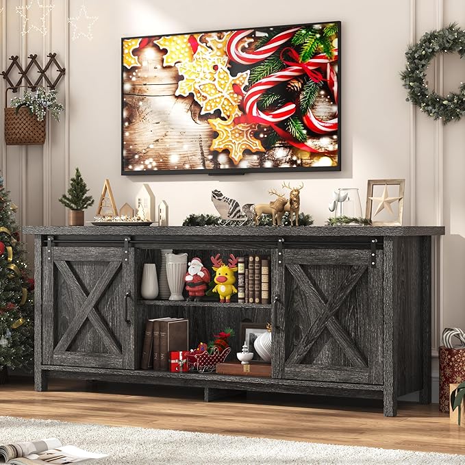 Farmhouse TV Stand for 65 Inch TV with Sliding Barn Door, Rustic Wood Entertainment Center Large Media Console Cabinet Long Television Stands,Console Table and Media Furniture for Living Room(Grey)