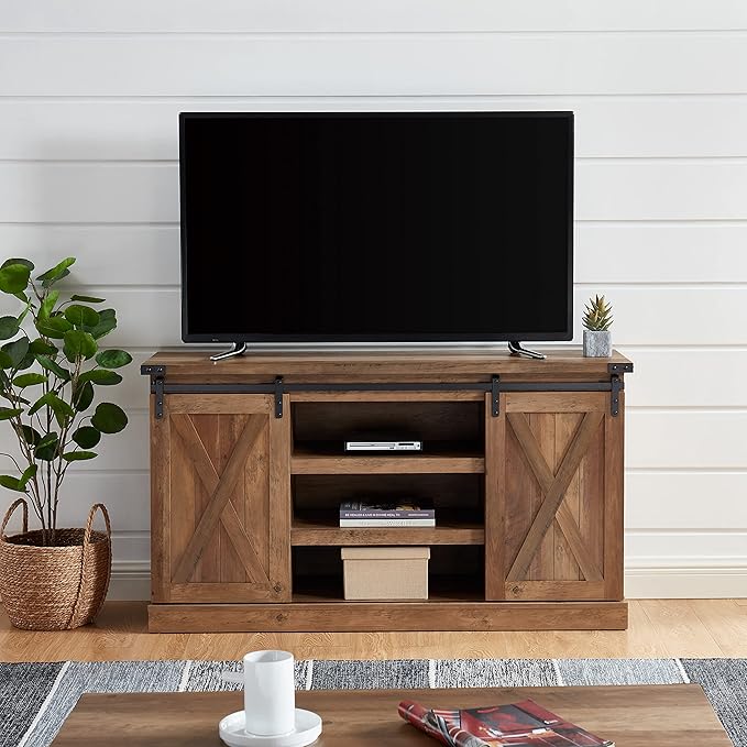 Farmhouse Sliding Barn Door TV Stand for TV up to 65 Inch Media Console Table Storage Cabinet Wood Entertainment Center Ranch Rustic Style Rustic Oak