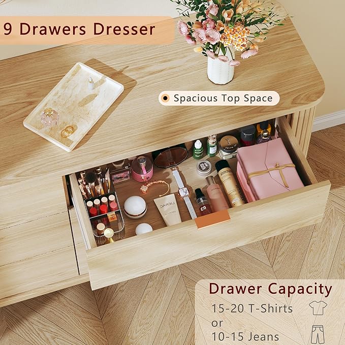 Fluted 9 Drawers Dresser for Bedroom, 60" Mid Century Modern & Chests of Drawers, Curved Profile Design, Dresser TV Stand, for Living Room, Entryway, Hallway, Oak