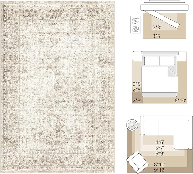 FMFUNCTEX 10x14 Washable Area Rug Beige Vintage Neutral Distressed Large Non Slip Carpet for Living Room Bedroom Soft Low Pile Indoor Mat Retro Floral Throw Rug for Dining Room Kitchen Office Nursery
