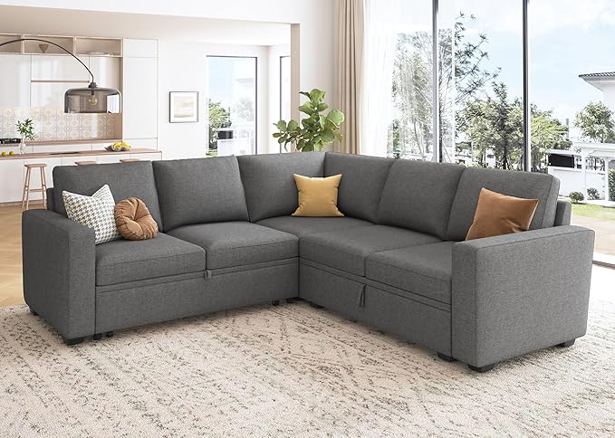 HONBAY Sectional Sleeper Sofa with Pull Out Bed, L Shaped Couch with Storage Seat, Modular Sectional Couches for Living Room, Dark Grey