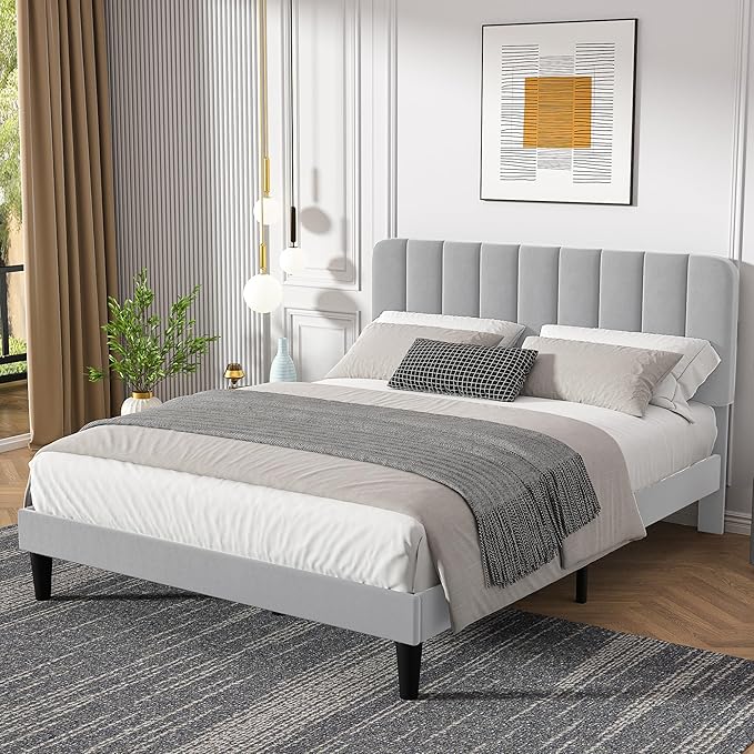 VECELO Queen Size Bed Frame with Upholstered Headboard, Velvet Platform Bedframe Mattress Foundation, Strong Wood Slat Support, No Box Spring Needed,Light Grey