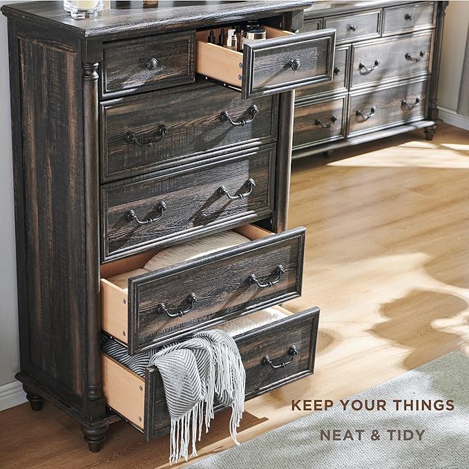 T4TREAM Farmhouse 6 Drawers Dresser Chests for Bedroom w/4 Solid Wood Feet & Column Decor, Tall Wood Country Rustic Chest of Drawers, Storage Dressers for Bedroom, Living Room, Dark Rustic Oak