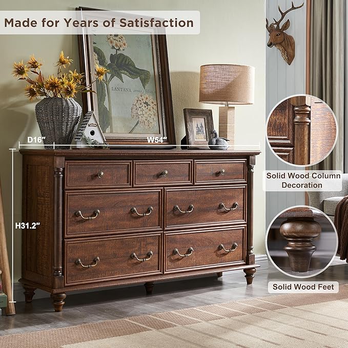 T4TREAM Farmhouse 7 Drawers Dresser Chests for Bedroom w/ 4 Solid Wood Feet & Column Decor, Tall Wide Wood Country Rustic Chest of Drawers, Storage Dressers for Bedroom, Living Room,Reclaimed Barnwood