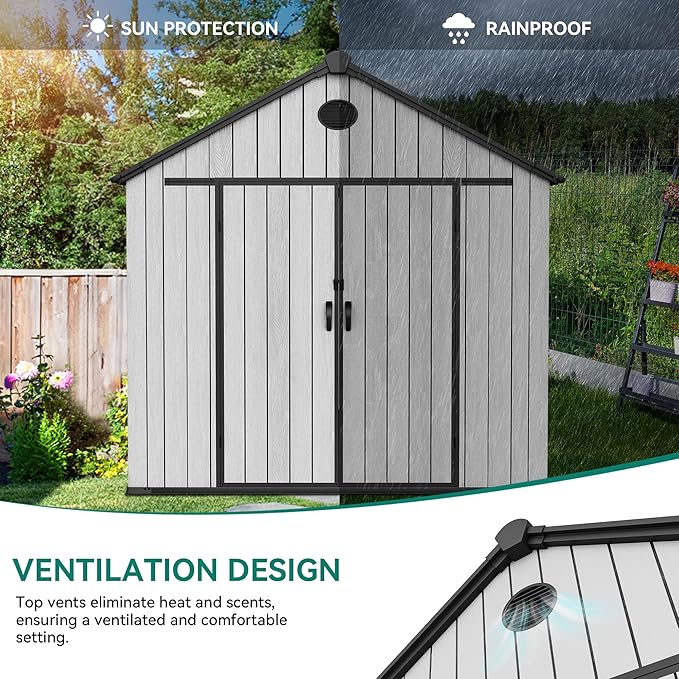 YITAHOME 8x10 FT Outdoor Storage Shed with Floor, Plastic Garden Shed for Bikes, Tools, Supplies, Waterproof Resin Shed with Lockable Doors, 2 Windows & 2 Vents for Patio, Backyard, 556 cu. Ft., Gray