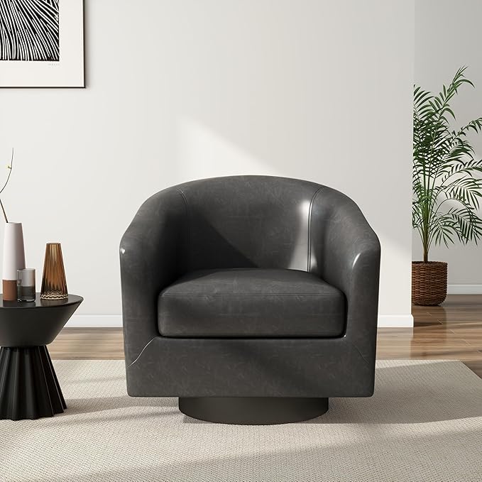 Swivel Barrel Chair, Modern Round PU Leather Accent Armchair for Living Room, Bedroom, Oversized Comfy Club Reading Chairs for Adults (Leather Black Grey, Set of 1)