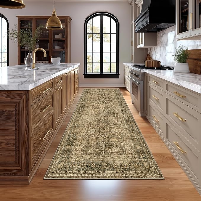 Fmfunctex 3x7 Runner Rug Brown Washable Vintage Neutral Distressed Non Slip Low Pile Indoor Carpet Soft Retro Floral Hallway Entryway Rug for Kitchen Living Room Bedroom Bathroom Laundry Entry Bedside