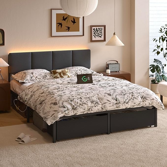 Furnulem Queen Bed Frame with Storage, Upholstered Bed Frame Queen Size with LED Light,USB Charging Station,Platform Bedframe with 2 Fabric Underbed Storage Drawers,No Spring Box Needed,Noise Free