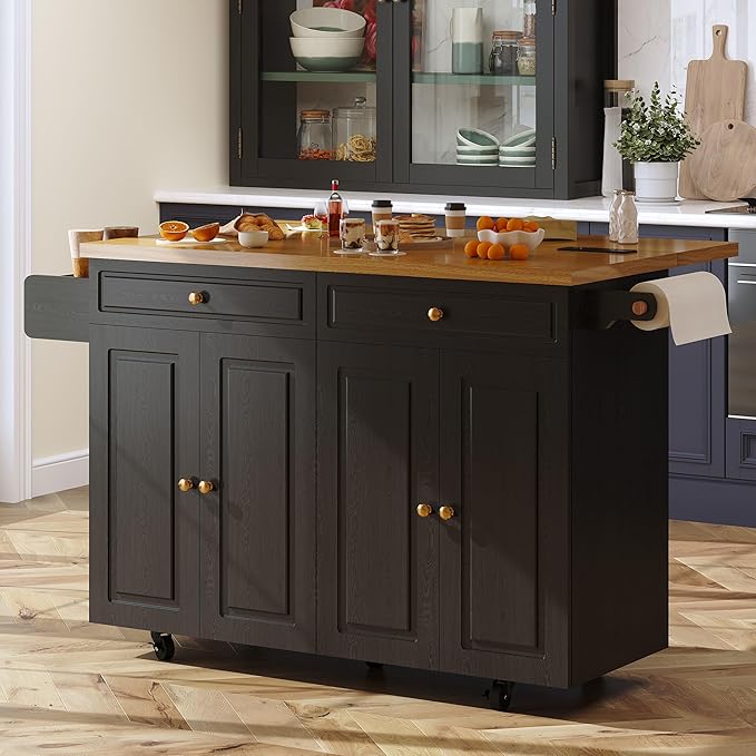 COCO DESIGN 60" Rolling Kitchen Cart with Power Strip & Drop Leaf, Thick Countertop, Large Storage Cabinet & Drawers, Mobile Island with Locking Wheels, Towel Rack and Spice Rack for Kitchen, Black