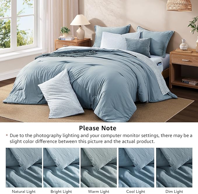 Monbix Queen Comforter Set - 7 Pieces Dusty Blue Prewashed Bed in a Bag Queen Bedding Sets with Comforters, All Seasons Down Alternative Comforter Bed Set with Sheets,Pillowcases & Shams