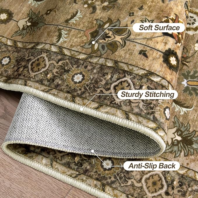 5x7 Area Rug Washable Rug for Living Room, Floral Vintage Rug Indoor Non Slip Large, Print Distressed Brown Carpet, Soft Low Pile Foldable for Bedroom Dining Room Dorm