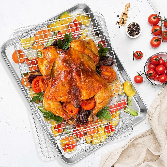 TeamFar Baking Sheet with Rack, 17.6 x 13 x 1 Inch Stainless Steel Baking Tray Pan Cookie Sheet with Cooling Rack Set for Baking/Roasting/Cooling, Non-Toxic & Heavy Duty, Dishwasher Safe