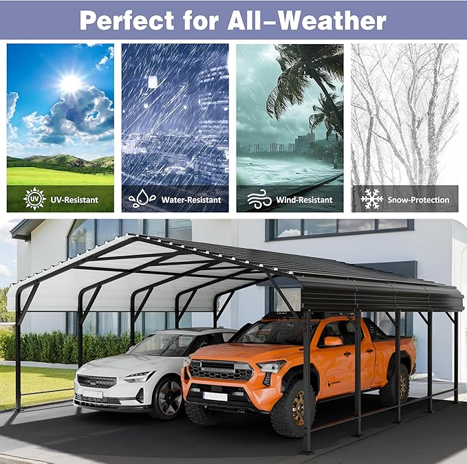 JY QAQA 20 x 20 FT Metal Carport Kits with Galvanized Steel Roof, Heavy Duty Metal Carport Canopy, Outdoor Car Tent Garage Shelter for Car, SUV, Truck and Boats