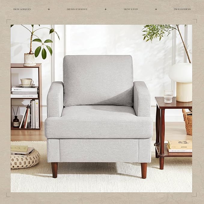 Mid-Century Accent Chair,Modern Linen Fabric Armchair for Living Room,Comfy Upholstered Reading Accent Chairs for Bedroom,Single Sofa Chair with Wood Legs (Light Grey, 2 Pack)