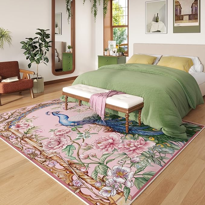 Living Room Rug 5x7 Rug Machine Washable Floral Peacock Area Rug Non Slip Floral Animal Vintage Low Pile Large Rugs for Living Room, Bedroom, Farmhouse, Dining Room, Kids Playroom (Pink)
