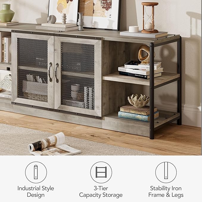 CABIHOME Farmhouse TV Stand for 65/75 Inch TVs, Entertainment Center with Storage Cabinet and Mesh Doors, Industrial Media Console Table, Furniture for Living Room, Light Grey