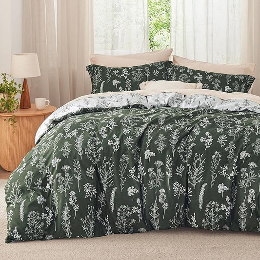 Bedsure Full Comforter Set - Dark Olive Green Bed Set, 3 Pieces Cute Floral Bedding, 1 Soft Reversible Botanical Flowers Comforter and 2 Pillow Shams