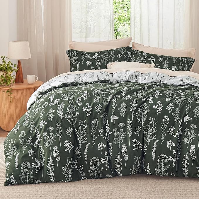 Bedsure Twin/Twin XL Comforter Set - Dark Olive Green Bed Set, 2 Pieces Cute Floral Bedding, 1 Soft Reversible Botanical Flowers Comforter and 1 Pillow Sham