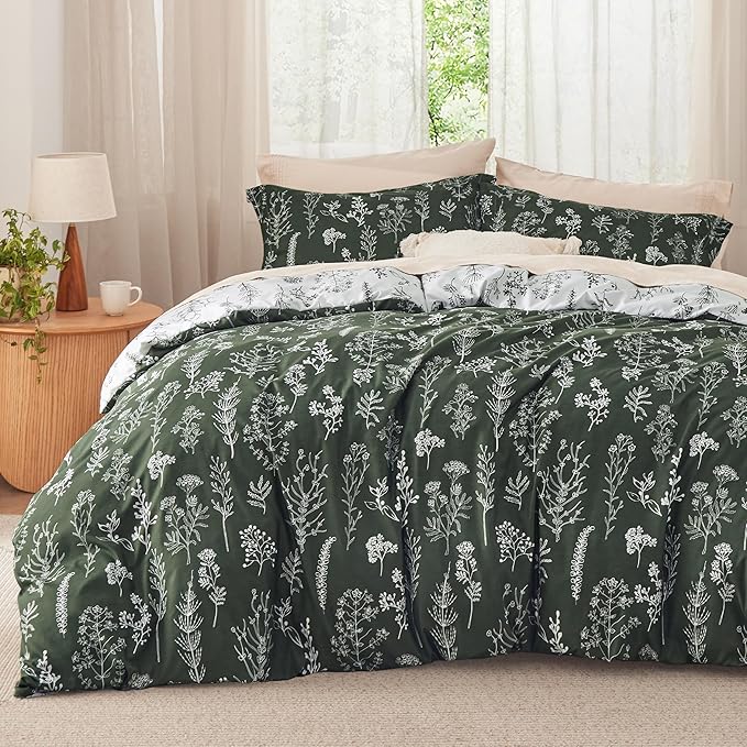 Bedsure Queen Comforter Set - Dark Olive Green Bed Set, 3 Pieces Cute Floral Bedding, 1 Soft Reversible Botanical Flowers Comforter and 2 Pillow Shams