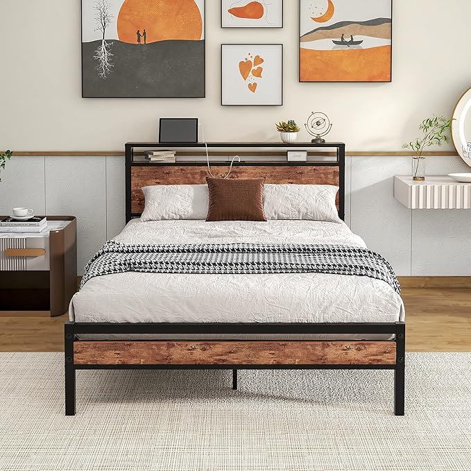 Full Size Bed Frame with Storage Headboard/USB Charging Station,Metal Platform Bed Frame Full Size No Box Spring Needed,Noise-Free,Strong Steel Slats Support,Rustic Brown