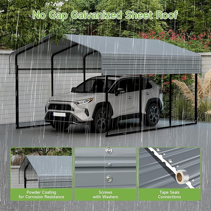 Real Relax 10x15FT Heavy Duty Metal Carport, Outdoor Carport Canopy with Galvanized Steel Roof and Reinforced Base for All-Weather, Garage Shelter Shade for Trucks, Boats, Party, Gray