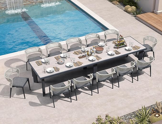 PURPLE LEAF 13 Pieces Outdoor Dining Set Patio Table and Chairs Set Aluminum Wicker Rattan Patio Furniture Set for Lawn Garden Porch Beige Marble Color Outdoor Set