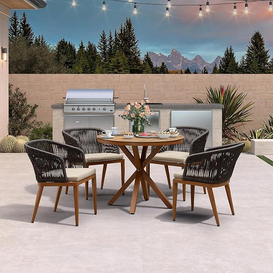 PURPLE LEAF 5 Pieces Round Outdoor Dining Set Patio Table and Chairs Set Aluminum Wicker Rattan Patio Furniture Set for Lawn Garden Porch Brown