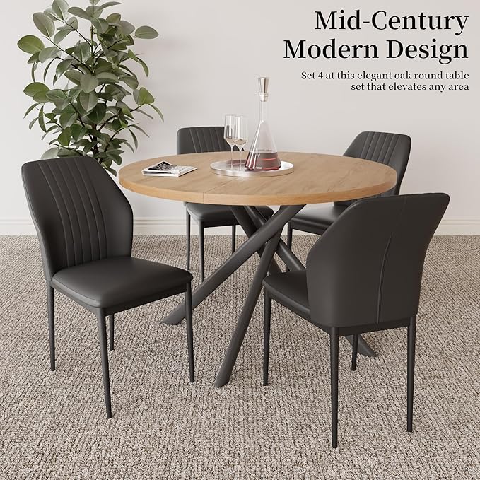 45.3 Inch Round Dining Table Set for 4, Mid Century Modern Small Kitchen Coffee Set for Dining Room Kitchen Apartment (Oak Table + 4 Black Chairs)