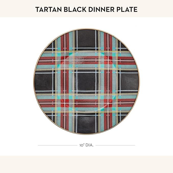 MACKENZIE-CHILDS Enamel Dinner Plate, Decorative Dinnerware Plate, 10 Inches, Black Tartan