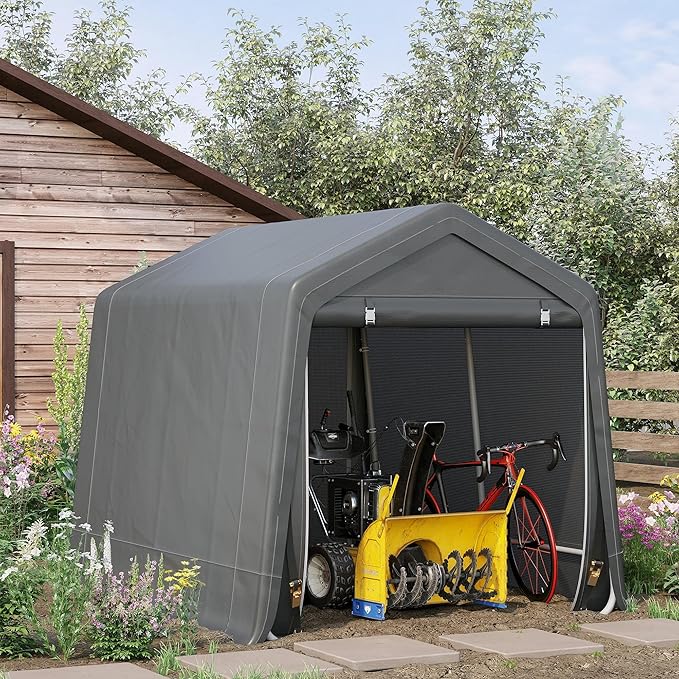 Outsunny 9' x 8' Carport Portable Garage, Heavy Duty Storage Tent, Patio Storage Shelter w/Anti-UV PE Cover and Double Zipper Doors, for Motorcycle Bike Garden Tools, Dark Gray