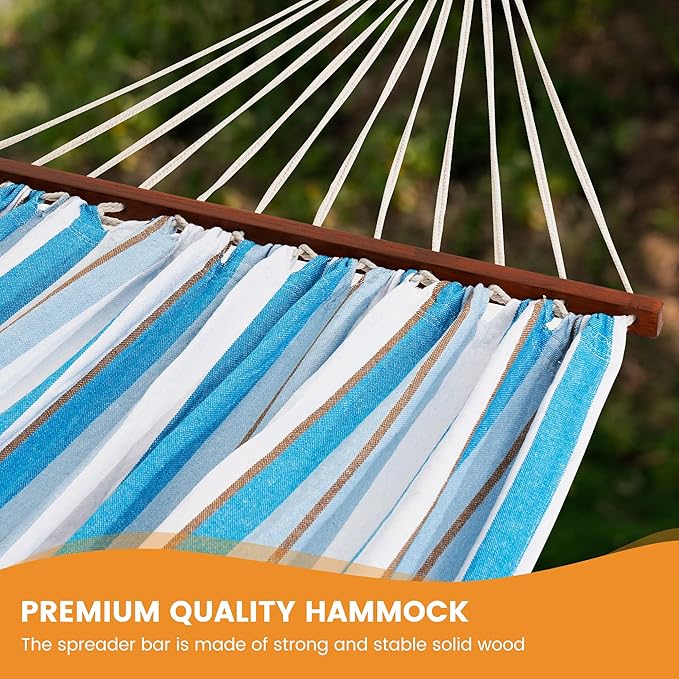 Lazy Daze Hammocks Cotton Fabric Spreader Bar Hammock, Outdoor Portable Hammock with Carrying Bag & Tree Straps for Bedroom, Patio, Backyard, Balcony, Max 450lbs Capacity, Blue & White