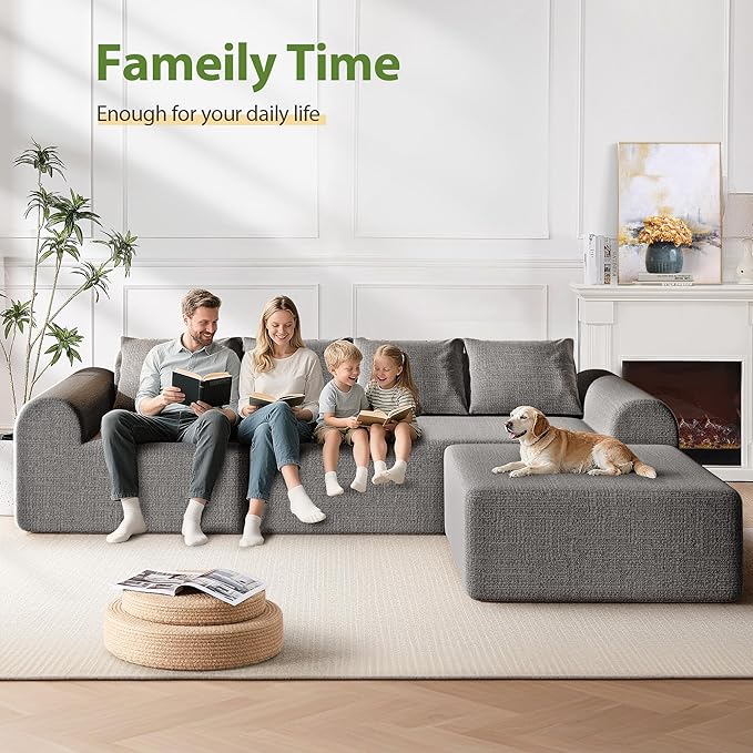 105.5" Boneless Sofa for Living Room, Cloud Sectional Couch Ottoman & 4 Pillows, 4-Seater Comfy Compressed Sofa L Shaped Sectional Couch, No Assembly Required, 72h to Restore
