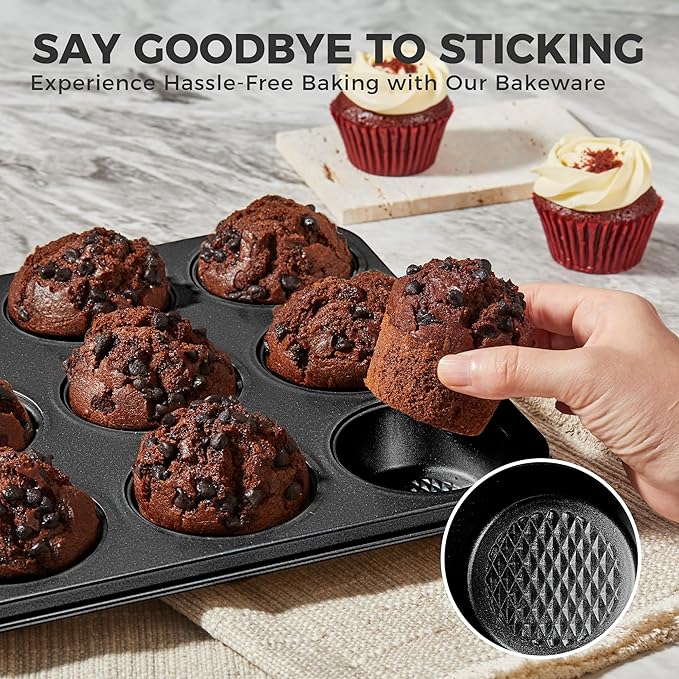 HONGBAKE 9-Piece Baking Pans Set Nonstick, Stackable Non Toxic Bakeware Sets with Diamond Texture, Oven Pan Set for Cooking, Includes Cookie Sheet with Rack, Cake Pan, Roasting Pan, Muffin Tin, Gray