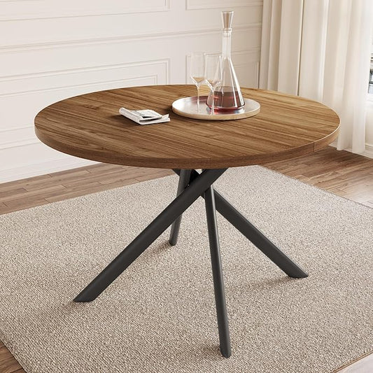 45.3 Inch Modern Round Dining Table for 4, Space-Saving Dinette with Carbon Steel Legs for Home Kitchen Apartment(Light Walnut Table)