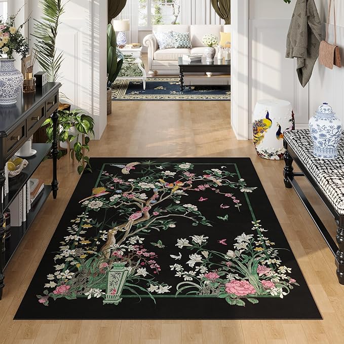 4x6 Rug Chinoiserie-Style Floral Vintage Washable Area Rugs Non Slip Low Pile Small Carpet for Bedroom, Bedside, Kids Room, Office, Dining Room, Black