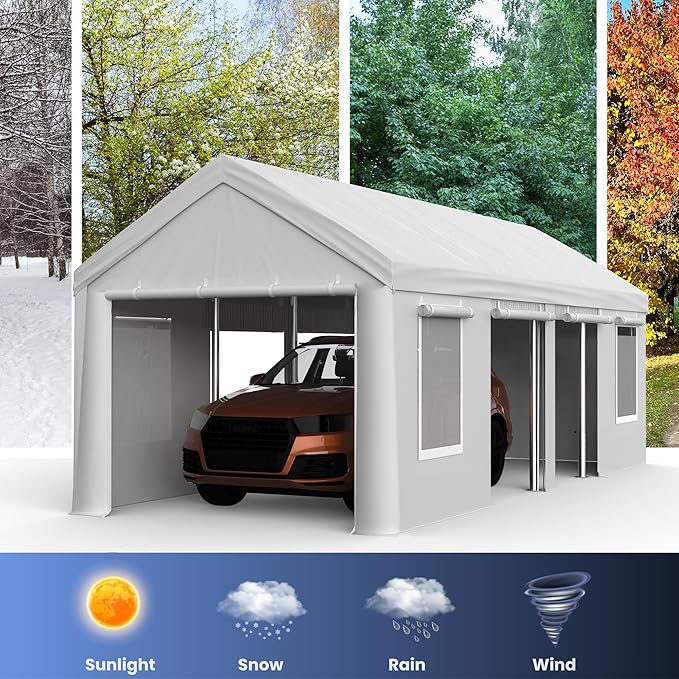 13x25ft Carport, Heavy Duty Carport with Reinforced Steel Poles, Upgraded Portable Garage with Doors & Window, UV Resistant All-Season Waterproof Tarp, for Car, Truck, Boat(White)