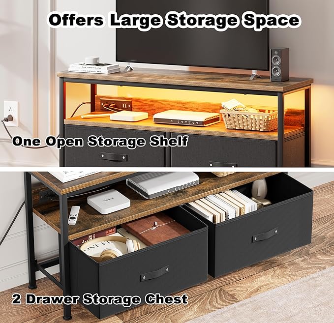 39" TV Stand for TVs up to 50", Media Console with Charging Station & LED Lights, 2 Drawer Storage Chest, Gaming Entertainment Center with Storage for Living Room, Brown, Medium