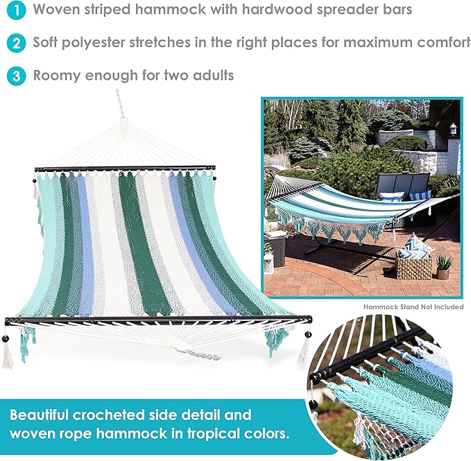 Sunnydaze Woven Double Hammock for Outside with Crocheted Edges and Spreader Bars - 600-Pound Weight Capacity Outdoor Hammock for Trees - Lagoon Stripes