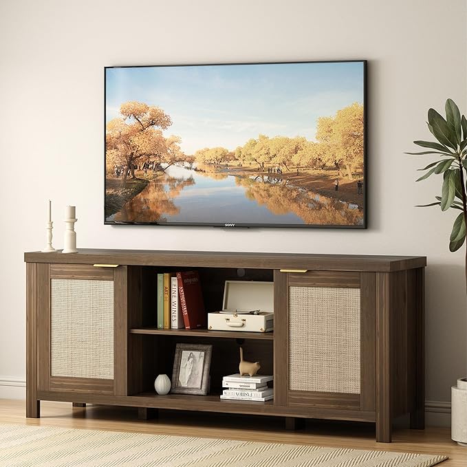 TV Stand for 65 inch TV, Modern Mid Century Entertainment Center with Storage, Media Consol with Natural wood rattan Door Cabinets and Open Shelves, Wooden, for Living Room, Bedroom, MLTV21RB