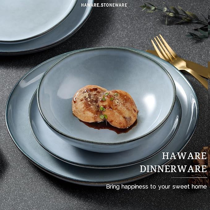 HaWare Dinnerware Sets, 24-Piece Stoneware Plates and Bowls Set, Dish Set for 8, Ceramic Dishware for Home Restaurant, Chip and Scratch Resistant, Microwave and Dishwasher Safe, Reactive Foggy Blue